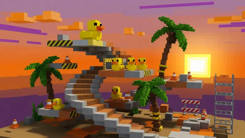 Construção voxel laranja com patos e escada em espiral