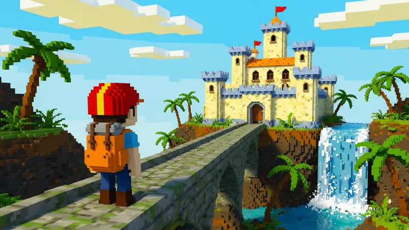 Personagem voxel de costas olhando uma fortaleza com cachoeira