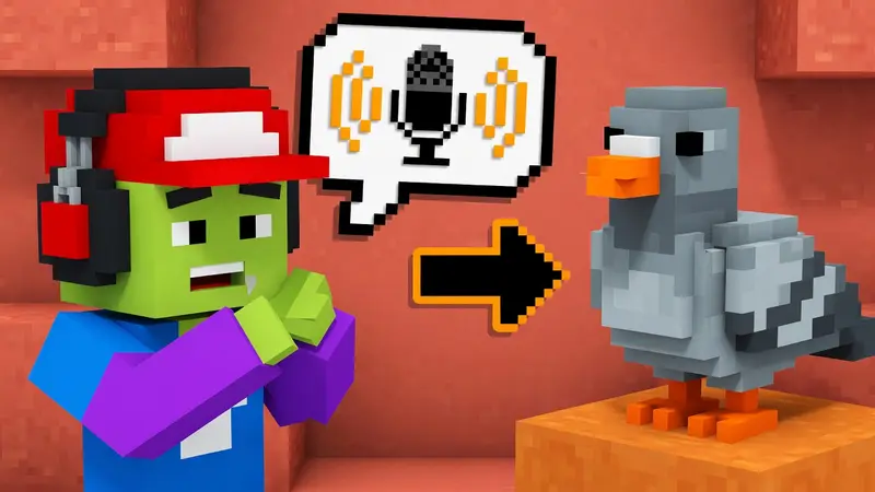Jogador voxel com microfone e um pombo ao lado